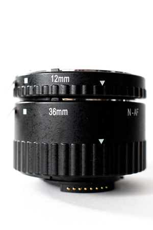 Macro extension tubes, macrorings for SLR camera on white backgroundの写真素材