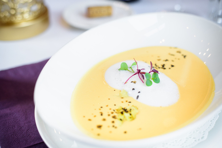 Chef s specialty presented in restaurant on served table.の写真素材