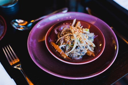 Chef s specialty presented in restaurant on decorated table.の写真素材