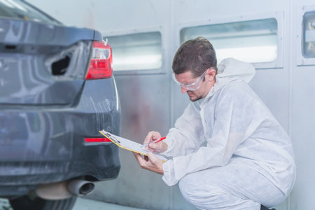 Auto mechanic repairman with a checklist, The mechanic man painting car in chamber, Garage painting car repairの写真素材