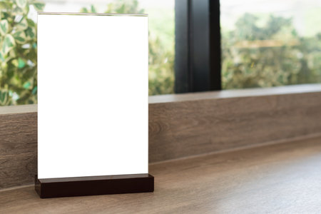 Blank flyer mockup glass plastic transparent holder poster display in coffee shop