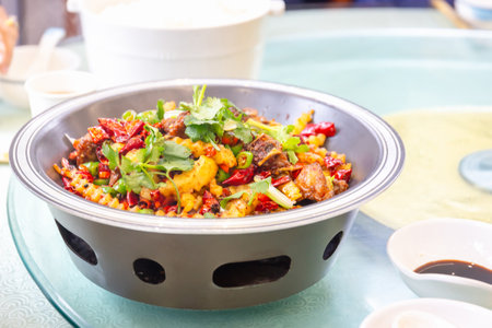 Chinese food Sichuan style of cuisine, Sizzling Dry Pot Style Pork Intestine