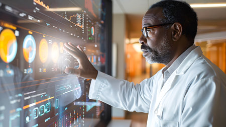 Close-up of a doctor navigating a transparent, touch display showing advanced patient analytics, generated aiの素材