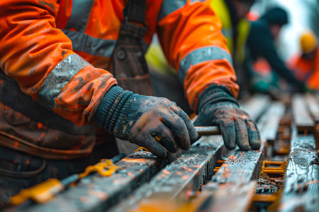 Close-up of Worker's hand using construction tools, with other workers and engineers at the construction site, generated aiの素材