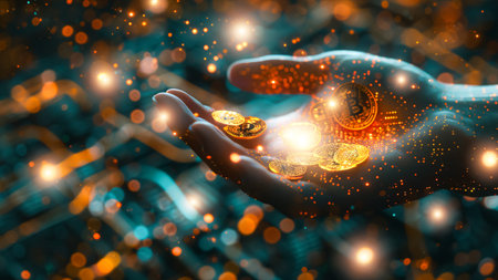 Futuristic and technological, A hand holding a collection of cryptocurrency tokens, generated aiの素材