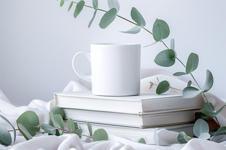 Mug Mock-Up, Mockup white ceramic mug and notebooks on table, generated aiの素材
