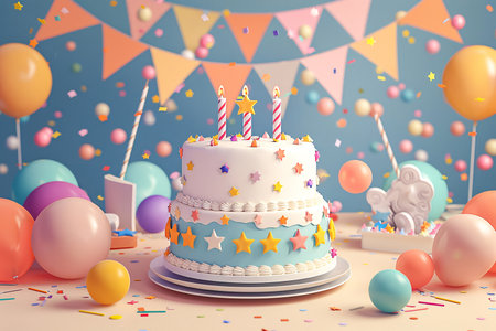 Birthday party with a 3D cake, 3d festive celebration party theme background, generated aiの素材