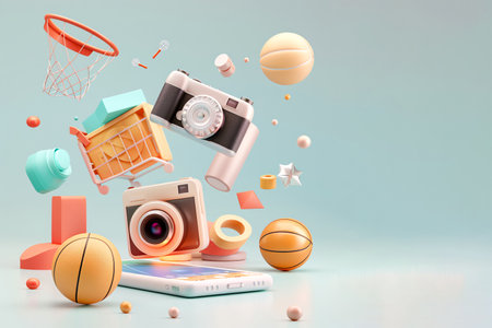Online shopping 3D, Smartphones with product icons floating around, E-commerce mobile app with products, generated aiの素材