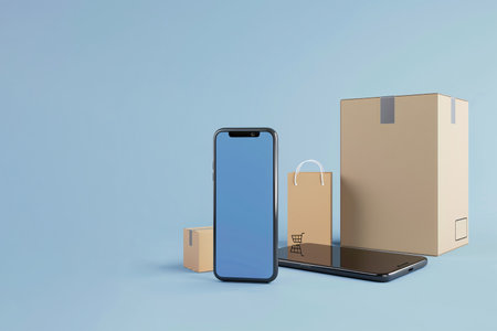 Online shopping 3D, Smartphones with parcel boxes, Mobile phone and box delivery status, generated aiの素材