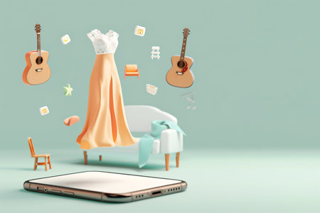Online shopping 3D, Smartphones with product icons floating around, E-commerce mobile app with products, generated aiの素材