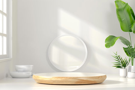 3d podium stand, minimal backdrop, Empty podium for show product, with tropical leaves, generated aiの素材