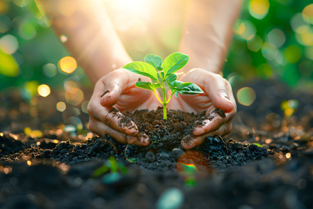 Close-up of Hand holding seedling plant, generated aiの素材