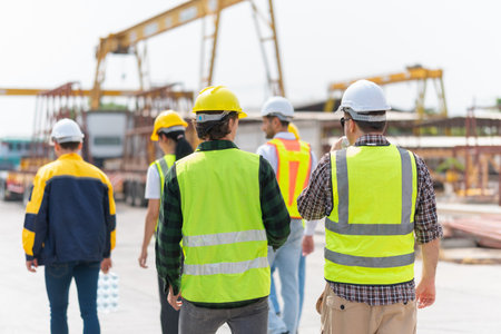 Engineer and foreman worker team inspect the construction site, Site manager worker and builder on construction siteの写真素材
