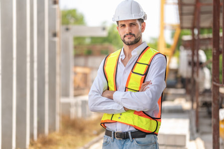 Engineer man arms crossed with blurred factory site background, Foreman worker at a construction...