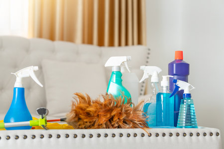 Set of cleaning supplies on table in room, Cleaning products on table for housekeeping