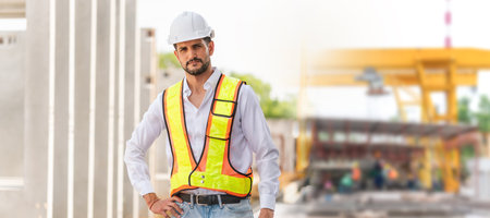 Portrait of foreman worker on a construction site, Engineer man in hardhat working at construction siteの写真素材