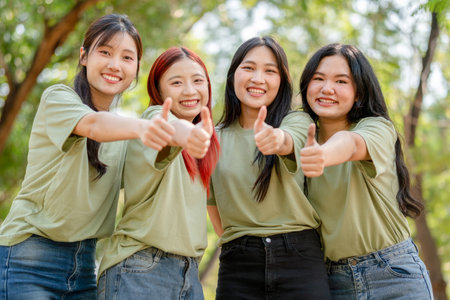 Group of cheerful young volunteer woman showing thumbs up in parkの写真素材