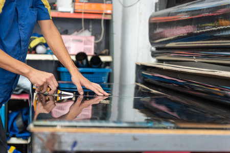 Technician cuts off a sunscreen film on the table, Male specialist applying car tinting filmの写真素材