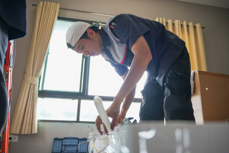 Air conditioning technician man install new air conditioners in homes, Repairman fix air conditioning systems, Worker service for repair and maintenance of air conditionersの写真素材
