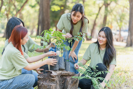 Young Female Volunteers Team Planting Tree for Environmental Conservation, Eco-Friendly Group Activityの写真素材