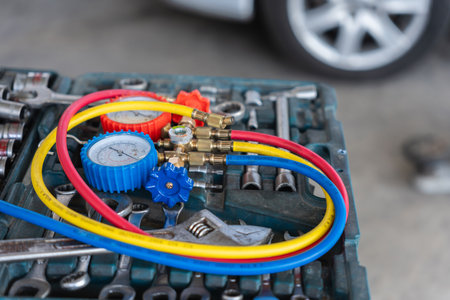 Automotive AC Refrigerant Manifold Gauge Set for Car Air Conditioning Repair, Technician's Tools for Auto HVAC Service, Car Air Conditioning System Repair Toolsの写真素材