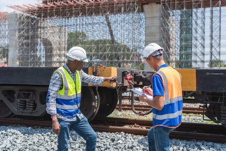 Railroad Engineers Inspecting Train Wheel and Undercarriage, Construction Workers or Technicians...