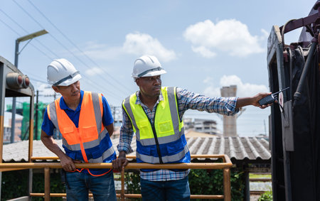 Diverse Engineers Working on a Train Car Inspection, Construction Workers Collaborating on an...