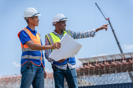 Civil Engineers in Safety Gear at Industrial Building Site, Construction Workers Planning...
