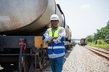 Man in Safety Gear with Arms Crossed on Train Tracks with Tank Cars, African American Engineer at a Railway Yard, Confident Rail Worker Standing by Freight Trainの写真素材