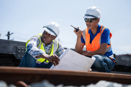 Engineers Reviewing Blueprints at a Railway Construction Site, Two Construction Workers Discussing Plans on Train Tracks, Multi-ethnic Team Collaborating on Rail Projectの写真素材