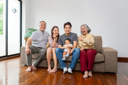 Joyful Family Portrait Three Generations Relaxing Indoors, Happy Grandparents, Parents, and Baby...