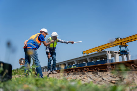 Engineers Discussing Project Progress at Construction Site, Multi-ethnic Team Collaborating on Rail Project, Construction Workers Planning Infrastructure Developmentの写真素材