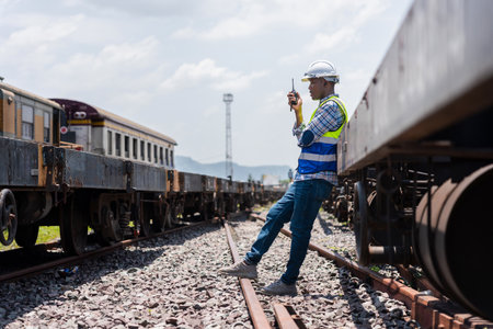 Railway Engineer Communicating with Walkie-Talkie on Tracks, Worker Inspecting Train Cars with Radio, Male Supervisor at Train Yardの写真素材