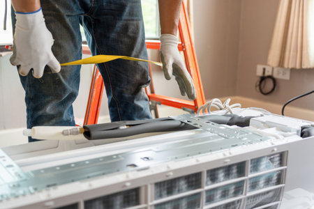 AC Technician Installing Air Conditioner Unit, Air Conditioner Repair and Maintenance Service, HVAC...