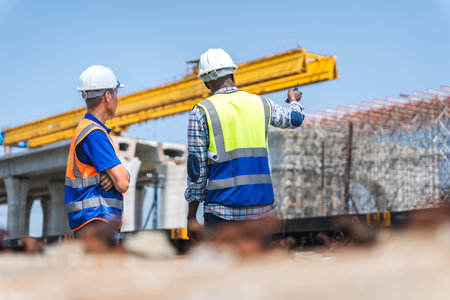 Engineers Team Discussing Project Progress at Construction Site, Multi-ethnic Collaborating on Rail Project, Construction Workers Planning Infrastructure Developmentの写真素材
