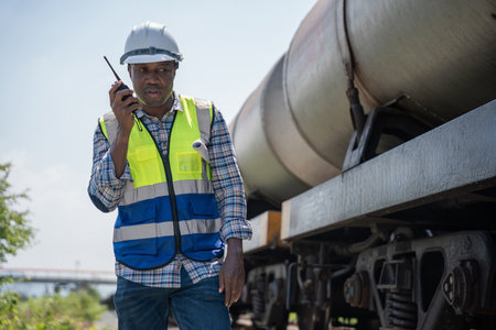 Inspector with Two-Way Radio Near Train Tank Cars, Railway Worker Communicating with Walkie-Talkie...