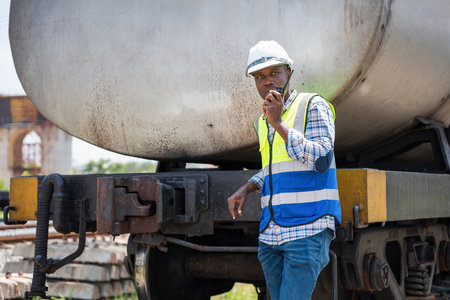 Railway Engineer in Safety Gear at Industrial Location, Man with Two-Way Radio Near Train Tank Cars,...