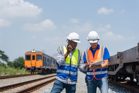 Railway Transportation Engineers Reviewing Construction Plans at Worksite, Team of Engineers Inspecting Bridge Construction Site, Construction Workers Discussing Project Blueprint Outdoorsの写真素材