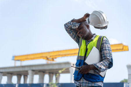 Tired Construction Worker Wiping Sweat Under the Hot Sun, Exhausted Engineer Taking a Break at Construction Site in Heat, Manual Labor in Extreme Weather, Worker Struggling with Heat Stressの写真素材