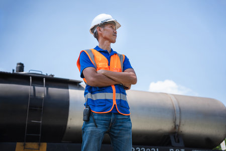 Confident Engineer Standing by Train Carriages with Arms Crossed on Train Tracks, Industrial Worker with Arms Crossed Overlooking Rail Yard, Man in Hard Hat and Safety Vest by Freight Trainの写真素材