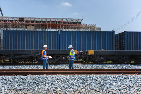 On Site Inspection of Train by Safety Professionals, Railroad Engineers Inspecting Train Wheel and...