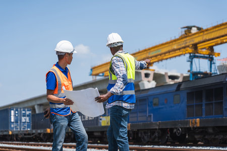 Engineers Reviewing Blueprints at Industrial Rail Yard, Construction Professionals Collaborating on...
