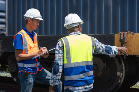 Engineers Inspecting Train Wheel and Undercarriage, Workers or Technicians Examining Railway Equipment,の写真素材