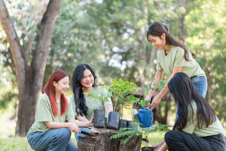 Group of Young Women Volunteering for Tree Planting, Female Volunteers Working Together on Tree...