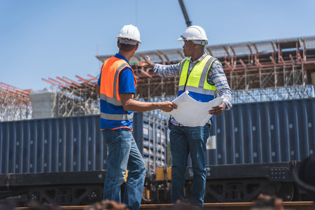 Construction Engineers Reviewing Blueprints on a Job Site, Industrial Workers Discussing Plans at a...