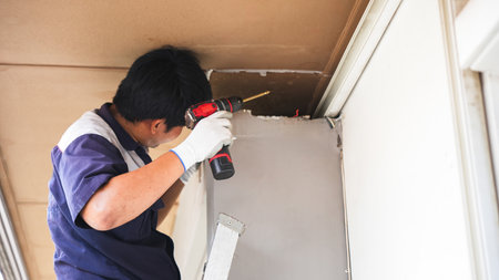 Technician Installing New Air Conditioner Unit, Construction Worker Drilling Hole in Ceiling, HVAC...