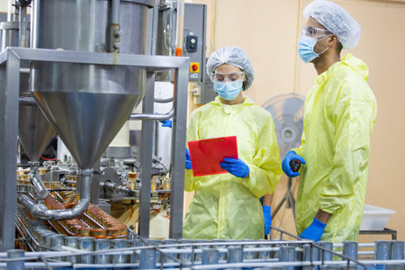 Specialists overseeing automated production line for food safety in a modern processing plant,...