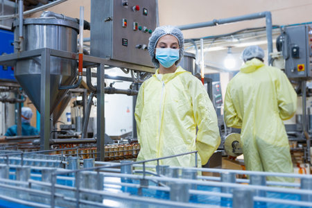 Quality control staff wearing face mask and hairnet working under strict hygiene standards in food...