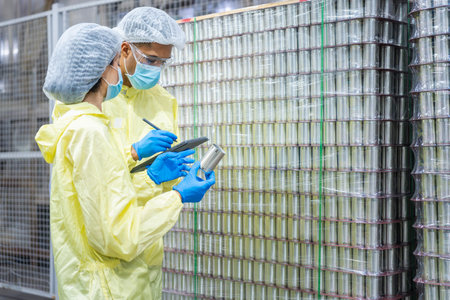 Factory workers performing a digital inventory audit in a clean industrial manufacturing plant,...