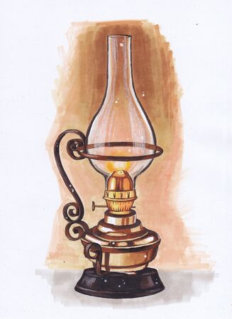 A burning kerosene lamp made of copper. Sketch the markers.の写真素材
